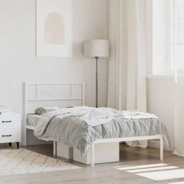 Metal Bed Frame with Headboard White 107x203 cm