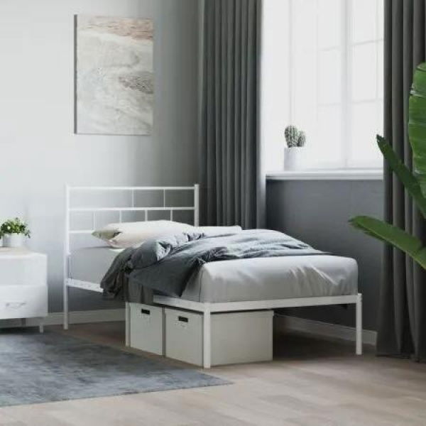 Metal Bed Frame with Headboard White 107x203 cm