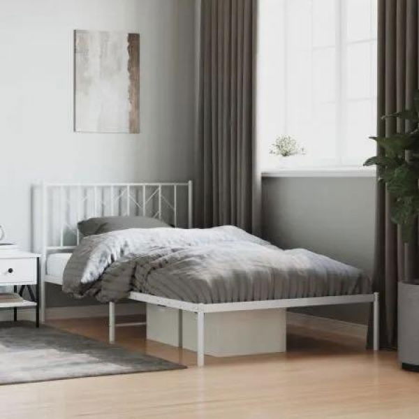 Metal Bed Frame with Headboard White 107x203 cm