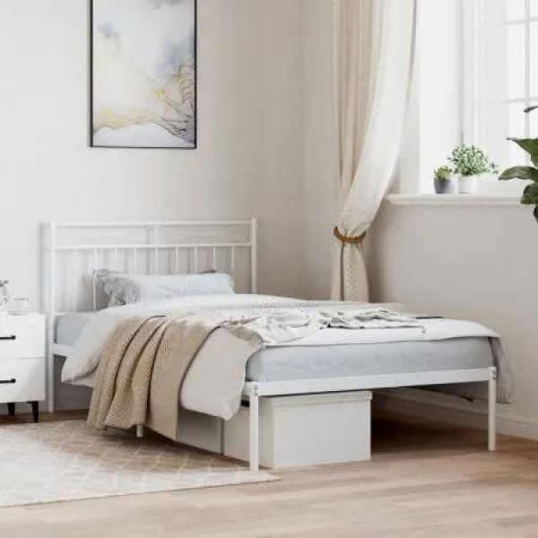 Metal Bed Frame with Headboard White 107x203 cm