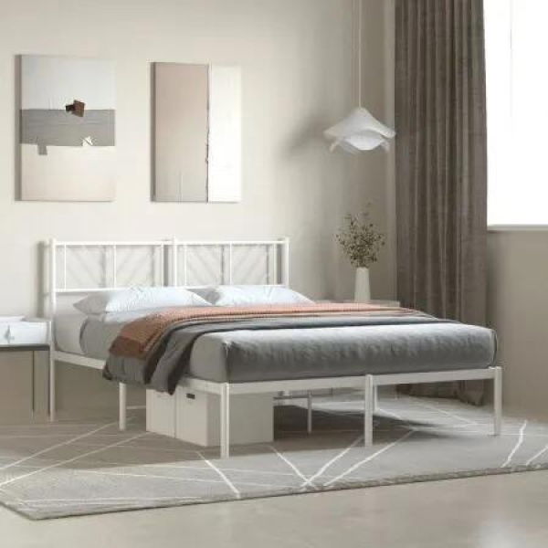 Metal Bed Frame with Headboard White 135x190 cm