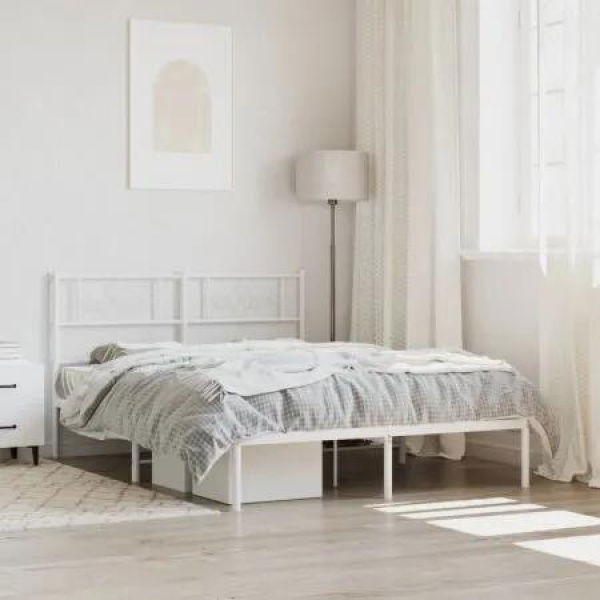 Metal Bed Frame with Headboard White 135x190 cm