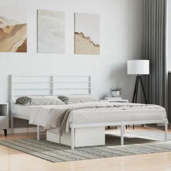 Metal Bed Frame with Headboard White 137x187 cm Double Size