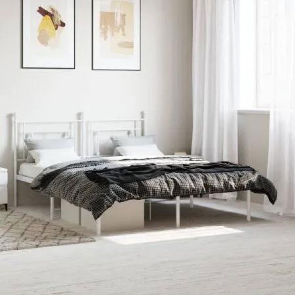 Metal Bed Frame with Headboard White 150x200 cm