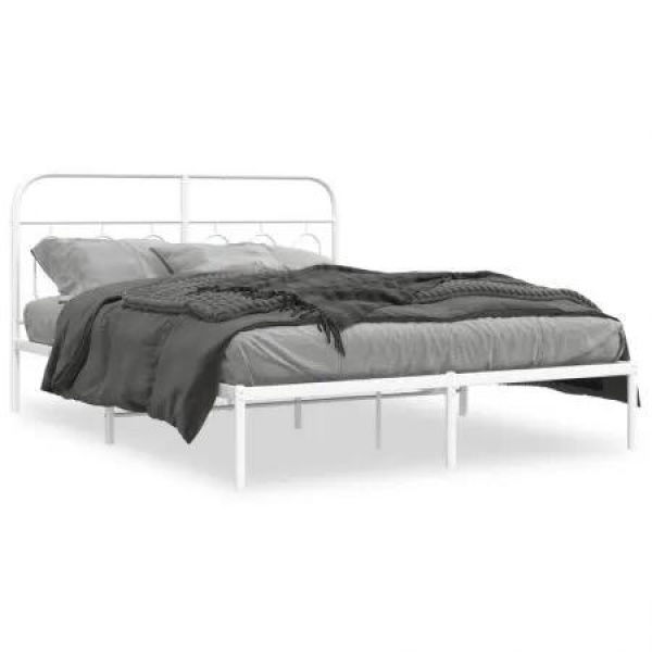 Metal Bed Frame with Headboard White 150x200 cm