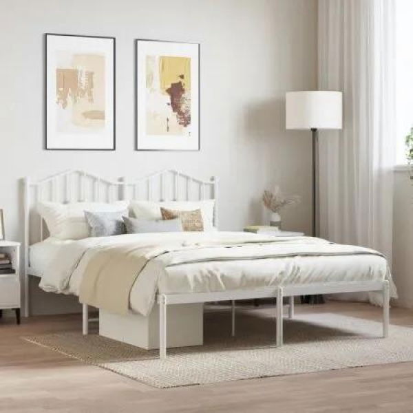 Metal Bed Frame with Headboard White 150x200 cm