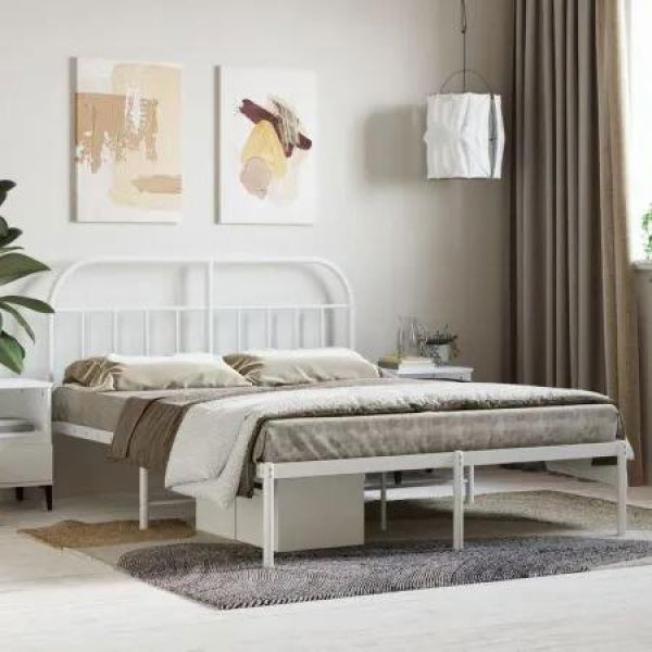 Metal Bed Frame with Headboard White 153x203 cm Queen Size