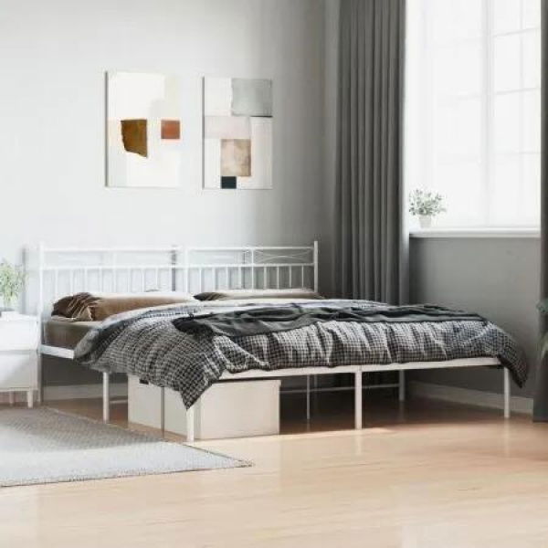 Metal Bed Frame with Headboard White 183x203 cm King Size