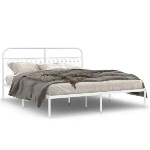 Metal Bed Frame with Headboard White 183x203 cm King Size