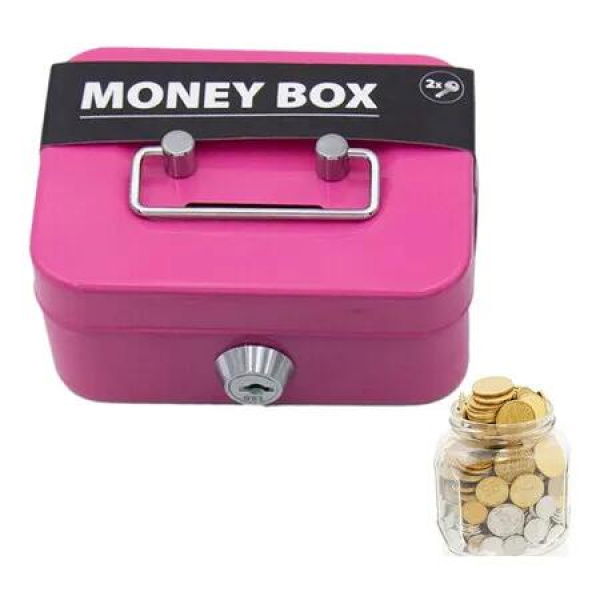 Metal Cash Box With Key Lock, Portable Money Tin With 2 Keys, Metal Cash Box Safe Lock Box Money Bank, Pink