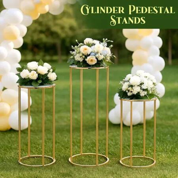 Metal Cylinder Stand 3PCS Cake Plant Flower Pot Display Holder Corner Round Pedestal Plinth Side Table Gold Wedding Party Birthday Dessert Decoration