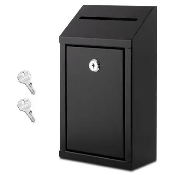 Metal Donation Box with Lock,Wall Mounted,Suggestion Box,Black,Cash Drop Box with Slot,1-Pack