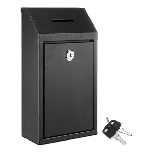 Metal Donation Cash Box Collection Safe Suggestion Box with Lock Wall Mounted Mailbox Delivery Ballot Container, 14.5 x 7.5 x 26 cm, Black