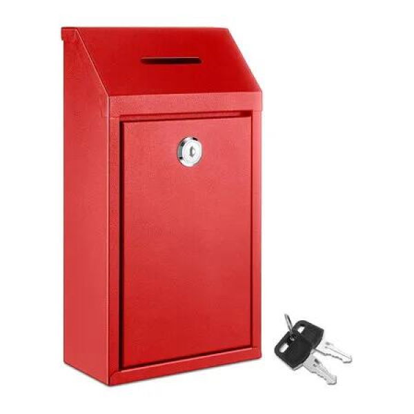 Metal Donation Cash Box Collection Safe Suggestion Box with Lock Wall Mounted Mailbox Delivery Ballot Container, 14.5 x 7.5 x 26 cm, Red