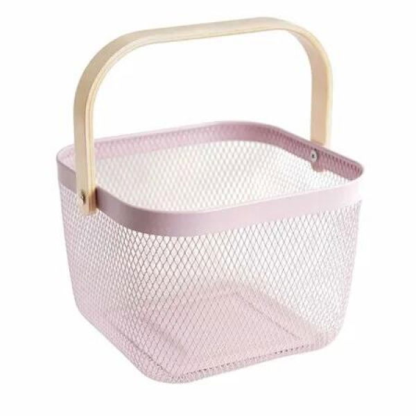 Metal Mesh Steel Basket Garden Harvest Basket Vegetables Square Wire Basket with Handle Storage Organizer Multi-functional Fruit Basket (Pink)