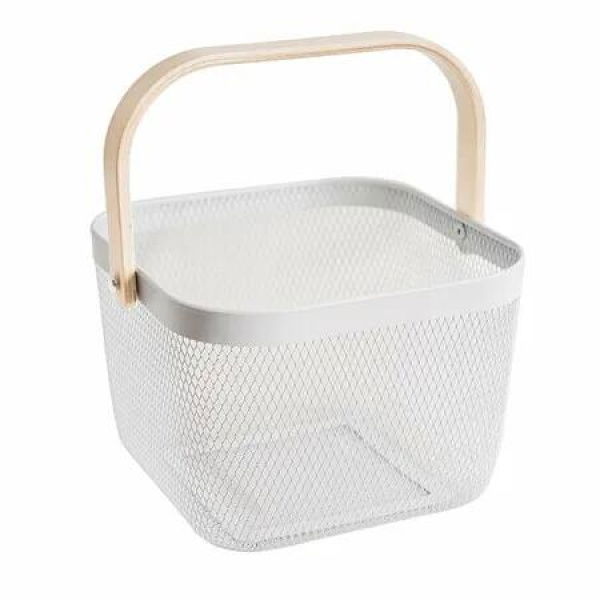 Metal Mesh Steel Basket Garden Harvest Basket Vegetables Square Wire Basket with Handle Storage Organizer Multi-functional Fruit Basket (White)