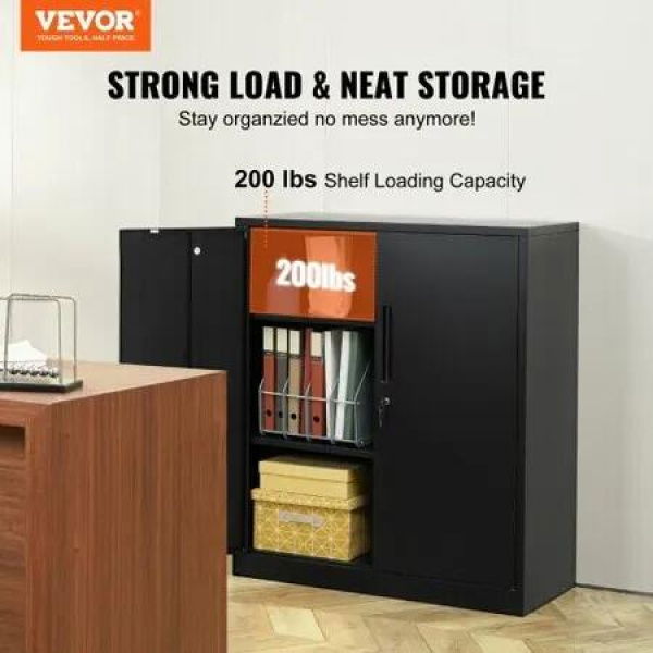 Metal Storage Cabinet w/ 3 Keys 2 Adjustable Shelves & Magnetic Door Black