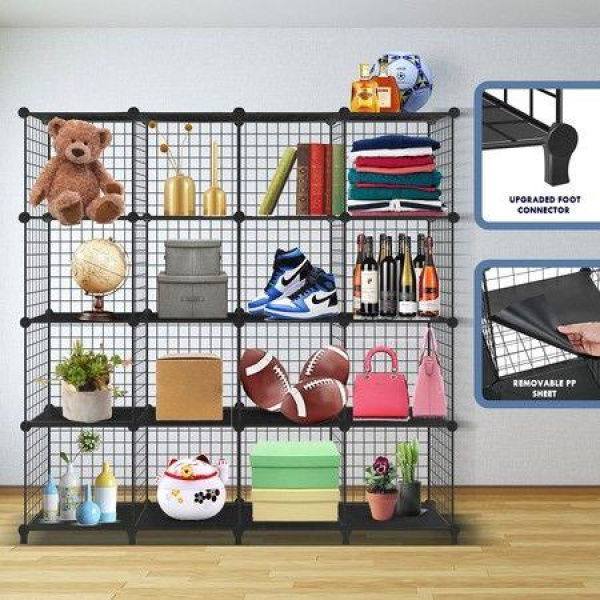 Metal Wire 16-Cube Organizer DIY Storage Modular Cabinet For Toys Books Clothes Black