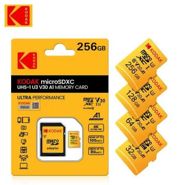 Micro SD Card 256GB Kodak U3 SD TF Flash Memory Dash Cam Surveillance CCTV Adapter High Speed Storage
