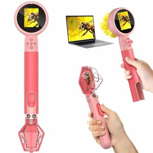 Microscope with Bug Catcher 1080P HD Digital Handheld Portable Kids Microscope,2 in 1 STEM Science Educational Learning Kit Christmas Gifts Toys-Pink