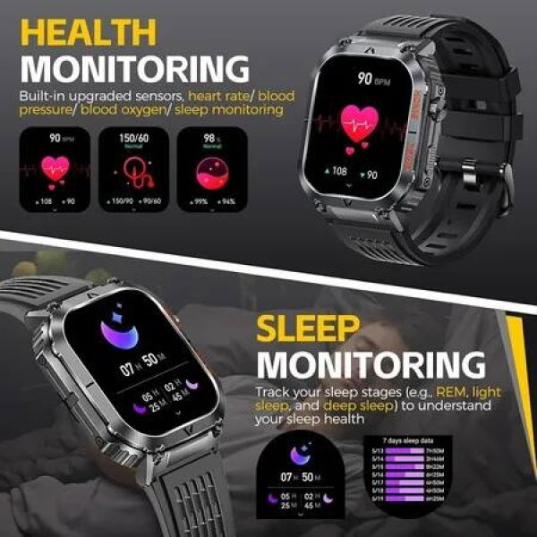 Military Smart Watch for Men 5ATM Waterproof with Call 2.02 inch Large Screen for iPhone Android Phone