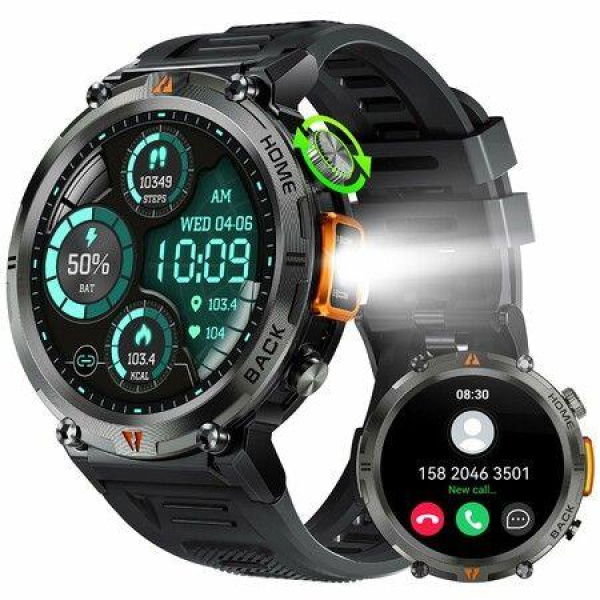 Military Smart Watch for Men (Call Receive/Dial) with LED Flashlight,1.45