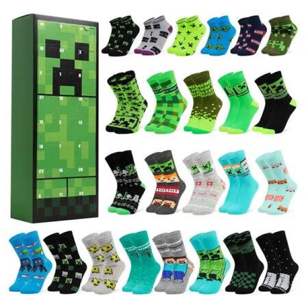 Minecraft Advent Calendar 2025 for Kids Teens 24 Pairs of Calf Boys Socks Christmas Countdown Calendar Creeper TNT Xmas Surprise Gifts for Gamers
