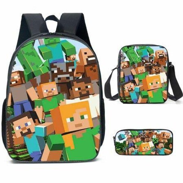 Minecraft School Bag For Primary And Secondary School Students My World Game Peripheral Backpack Three-Piece Set, Backpack+Shoulder Bag+Pencil Case