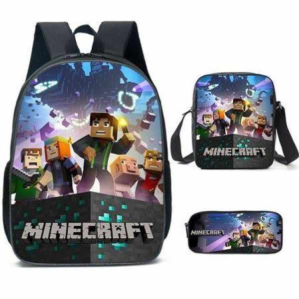 Minecraft School Bag For Primary And Secondary School Students My World Game Peripheral Backpack Three-Piece Set, Backpack+Shoulder Bag+Pencil Case