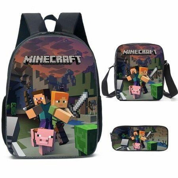 Minecraft School Bag For Primary And Secondary School Students My World Game Peripheral Backpack Three-Piece Set, Backpack+Shoulder Bag+Pencil Case