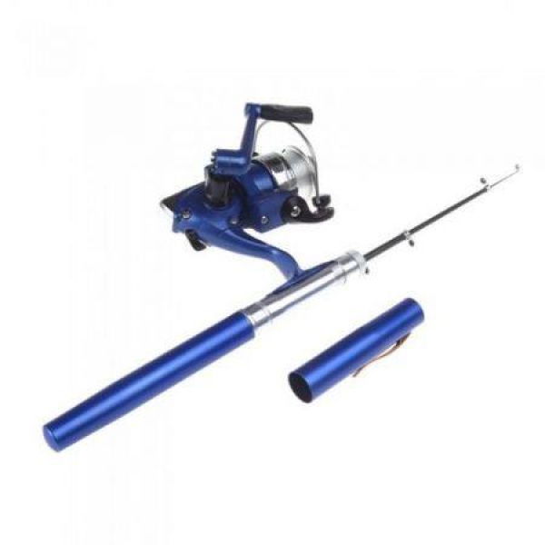 Mini Aluminum Pocket Pen Fishing Rod Pole + Reel Blue.