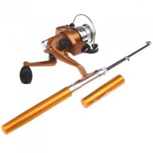 Mini Aluminum Pocket Pen Fishing Rod Pole + Reel Orange.