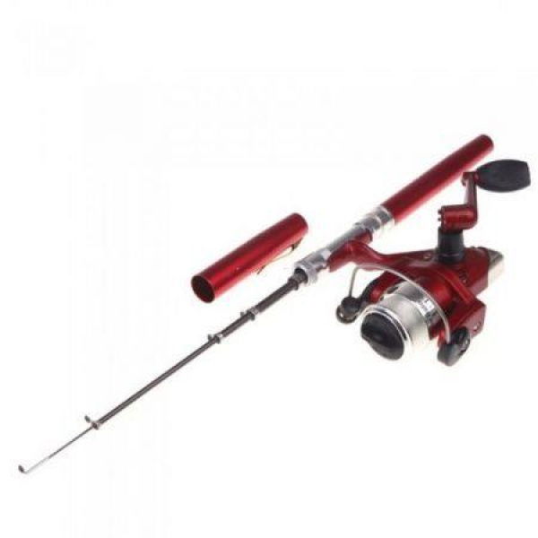 Mini Aluminum Pocket Pen Fishing Rod Pole + Reel Red.