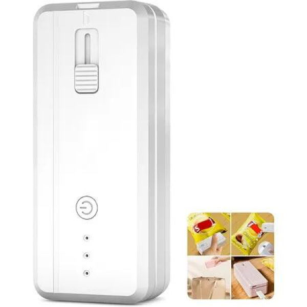 Mini Bag Sealer Handheld Heat Sealer and Cutter, 1300mAh Rechargeable Portable Mini Sealing Machine for Chip Bags Food Storage, White