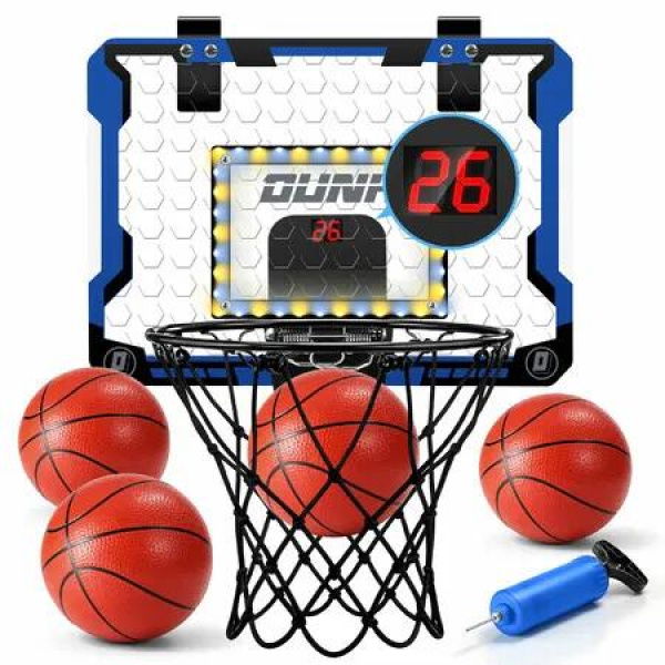 Mini Basketball Hoop Over the Door Goal Ring Backboard System Net LED Scoreboard Indoor Sports Childrens Kids Game Play Activity Centre Pump 39x28cm