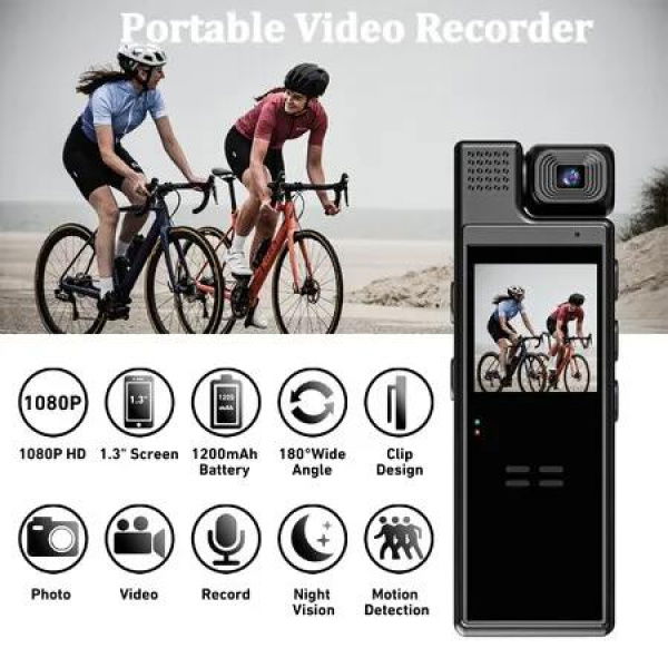 Mini Body Camera 1080P Portable Small Cam Wearable Pocket Video Recorder with 180 Degree Rotatable Lens, 1.3in LCD, Night Vision for Security Guard