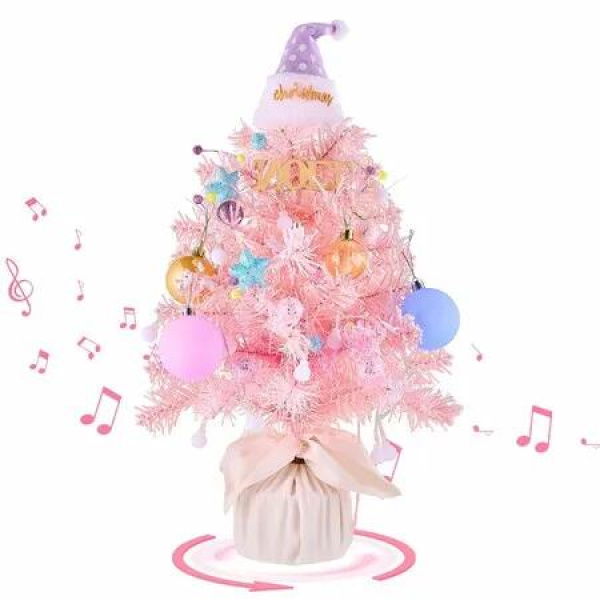 Mini Christmas Tree with Light and Music, Small Christmas Tree with Spinning Base Tabletop Christmas Tree with DIY Xmas Decor