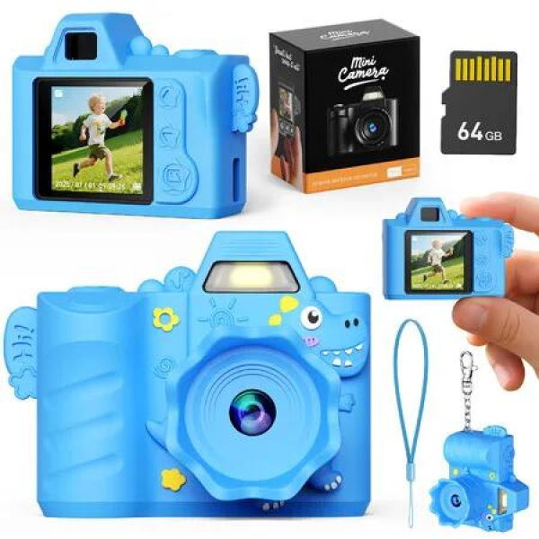 Mini Digital Camera 1080P HD Video 1.3 Inch Screen Retro Small Keychain Camera with 64GB SD Card for Travel Study Recording-Blue