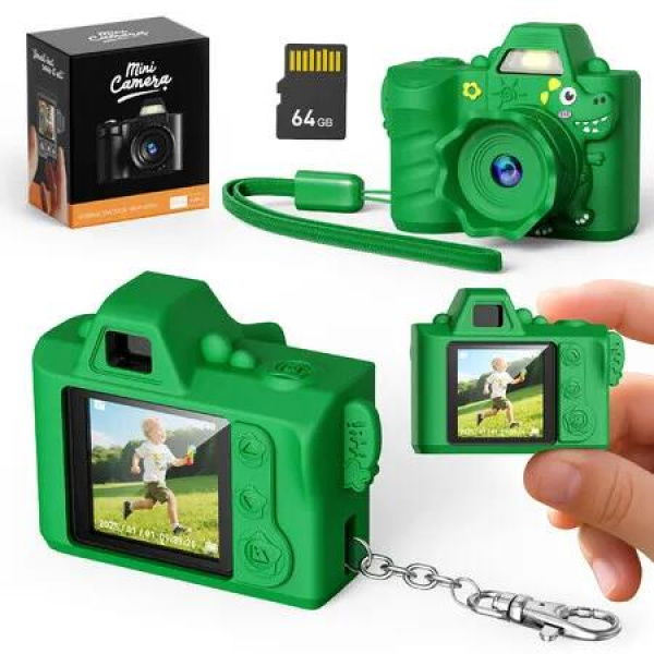 Mini Digital Camera 1080P HD Video 1.3 Inch Screen Retro Small Keychain Camera with 64GB SD Card for Travel Study Recording-Green