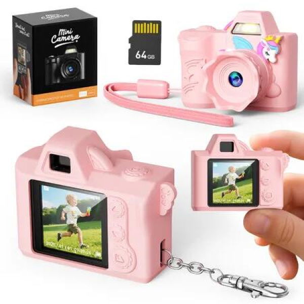 Mini Digital Camera 1080P HD Video 1.3 Inch Screen Retro Small Keychain Camera with 64GB SD Card for Travel Study Recording-Pink