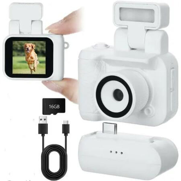 Mini Digital Camera with 1.4 in LCD Screen 1080P 32GB Card Charging Base Monoreflexes Shaped CMOS Compact Portable Video Recorder(White)