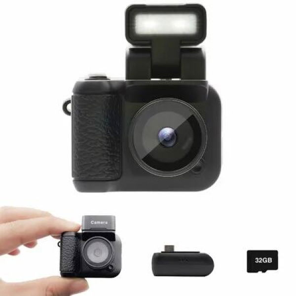 Mini Digital Camera with 1.4 In LCD Screen 1080P 32GB Card Monoreflexes Shaped CMOS Small Compact Portable Video Recorder (Black)