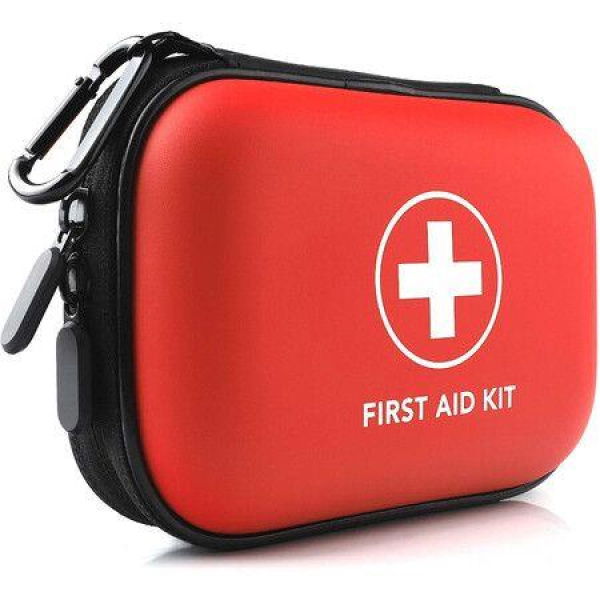 Mini First Aid Kit - 100 Pieces Water-Resistant Hard Shell Small Case - Perfect For Travel Outdoor Home Office Camping Hiking Car (Red)