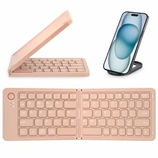 Mini Foldable Bluetooth Keyboard with Holder Travel Portable Rechargeable Keyboard for Android Windows iOS,Support 3 Devices(Pink)