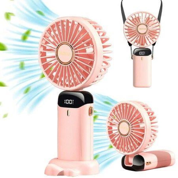 Mini Handheld Portable Hanging Neck Fan Adjustable USB Rechargeable With 5 Speeds For Home Office Travel (3000mAh - Pink)