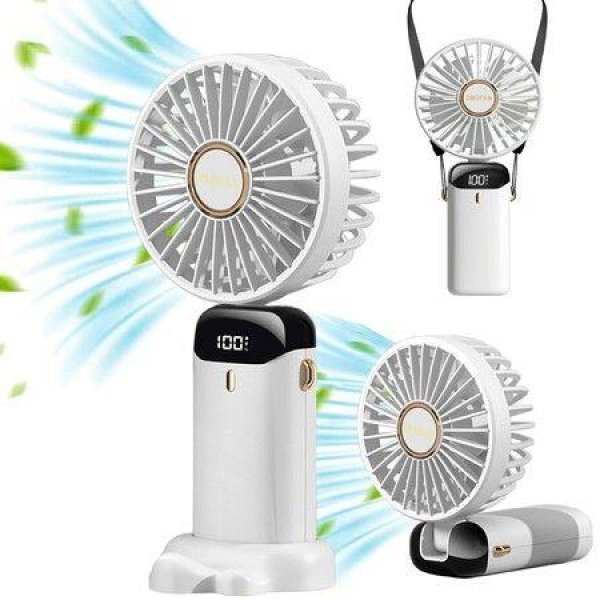 Mini Handheld Portable Hanging Neck Fan Adjustable USB Rechargeable With 5 Speeds For Home Office Travel (3000mAh - White)