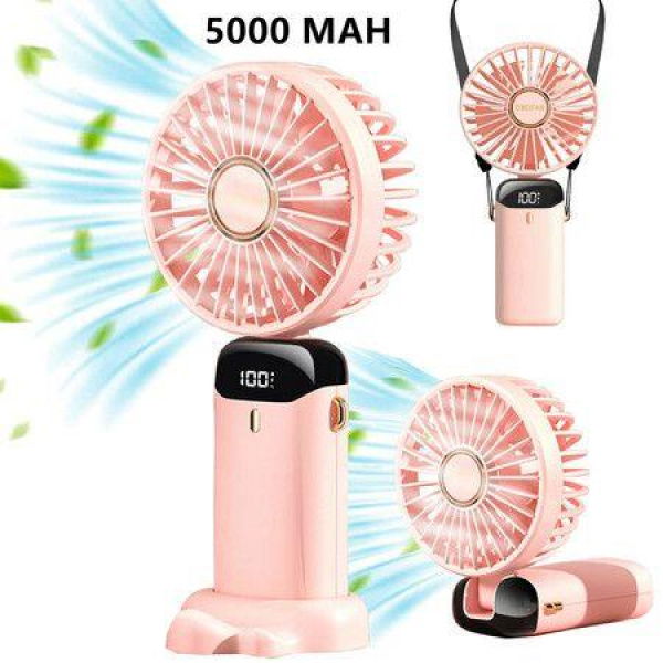 Mini Handheld Portable Hanging Neck Fan Adjustable USB Rechargeable With 5 Speeds For Home Office Travel (5000mAh - Pink)