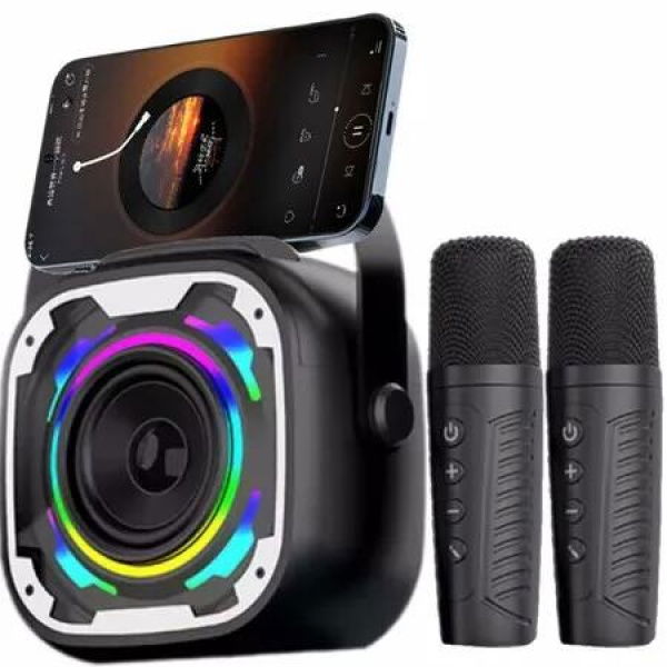 Mini Karaoke Machine for Kids - Phone Stand & Brilliant Sound & 2 Sensitive Microphones -Black