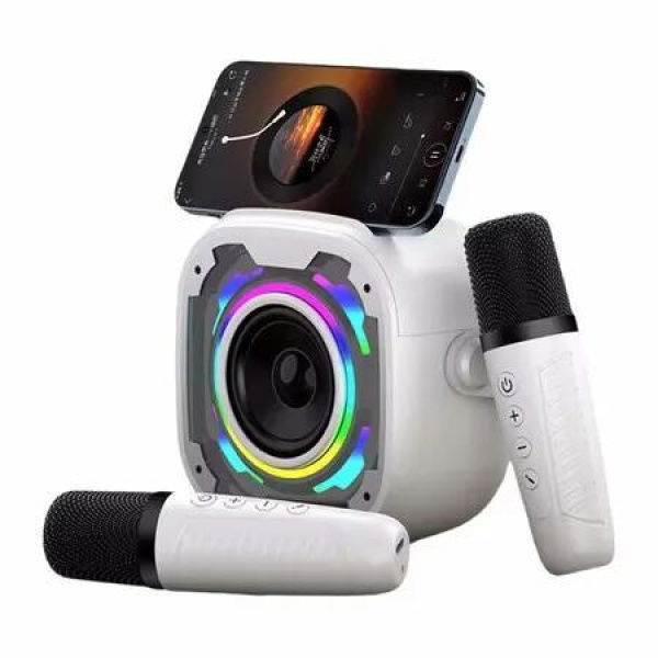 Mini Karaoke Machine for Kids - Phone Stand & Brilliant Sound & 2 Sensitive Microphones -White