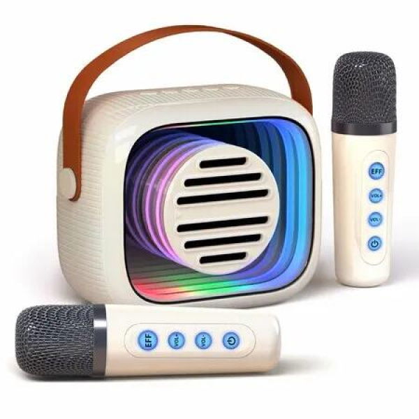 Mini Karaoke Machine for Kids- Portable Bluetooth Speaker with 2 Microphone 5 Voice Changing Effects for Christmas Gifts(Beige)